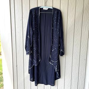 VTG Beaded Roaman’s Navy Duster Jacket Sheer Evening Kimono 43”